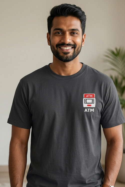 Man wearing a dark gray t-shirt with an ATM logo, standing indoors.