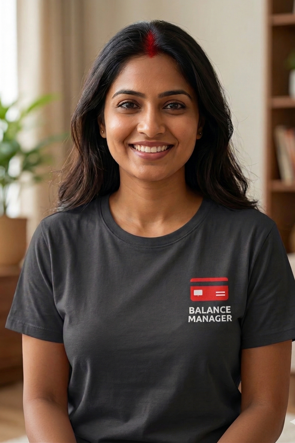 Woman wearing a black t-shirt with a logo and text in a home setting
