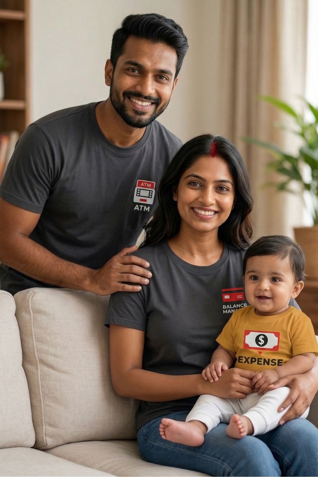 Family of three sitting on a couch in a living room setting