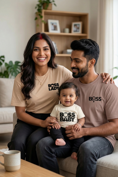 Family of three wearing 'BOSS' shirts in a living room setting