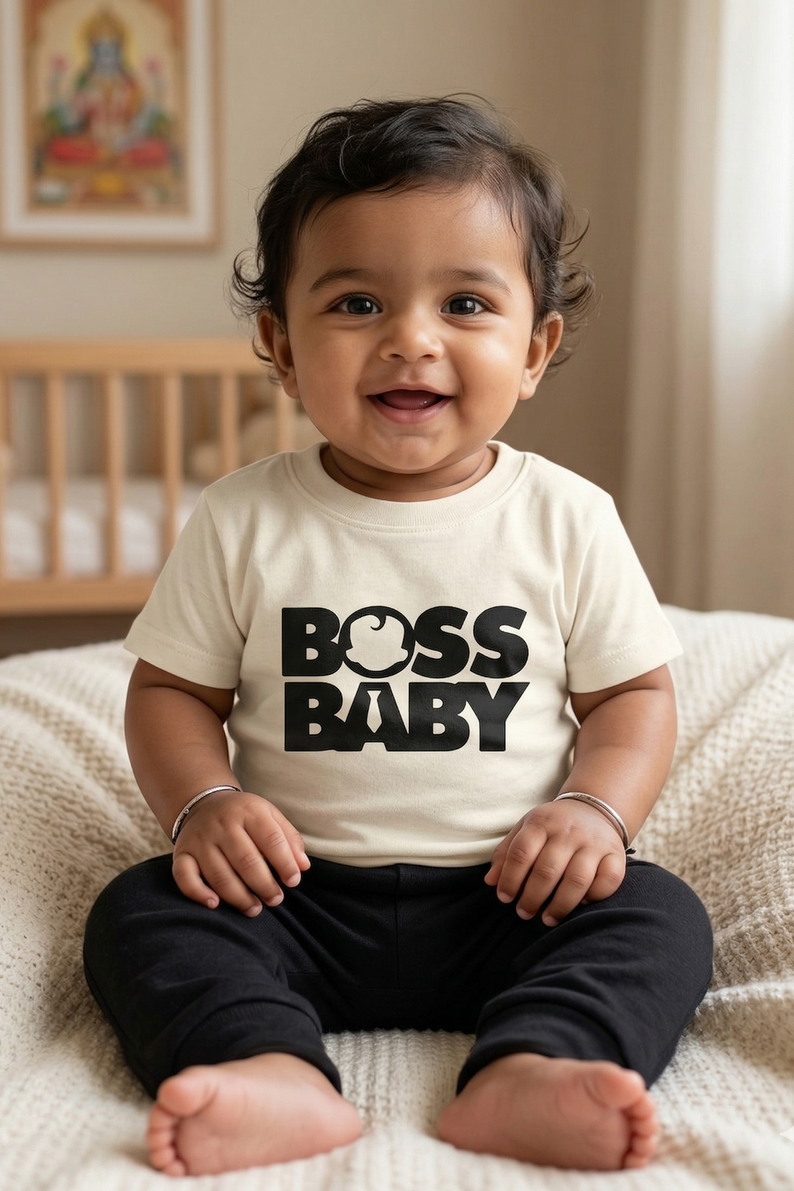 Baby wearing a 'BOSS BABY' shirt sitting on a bed.