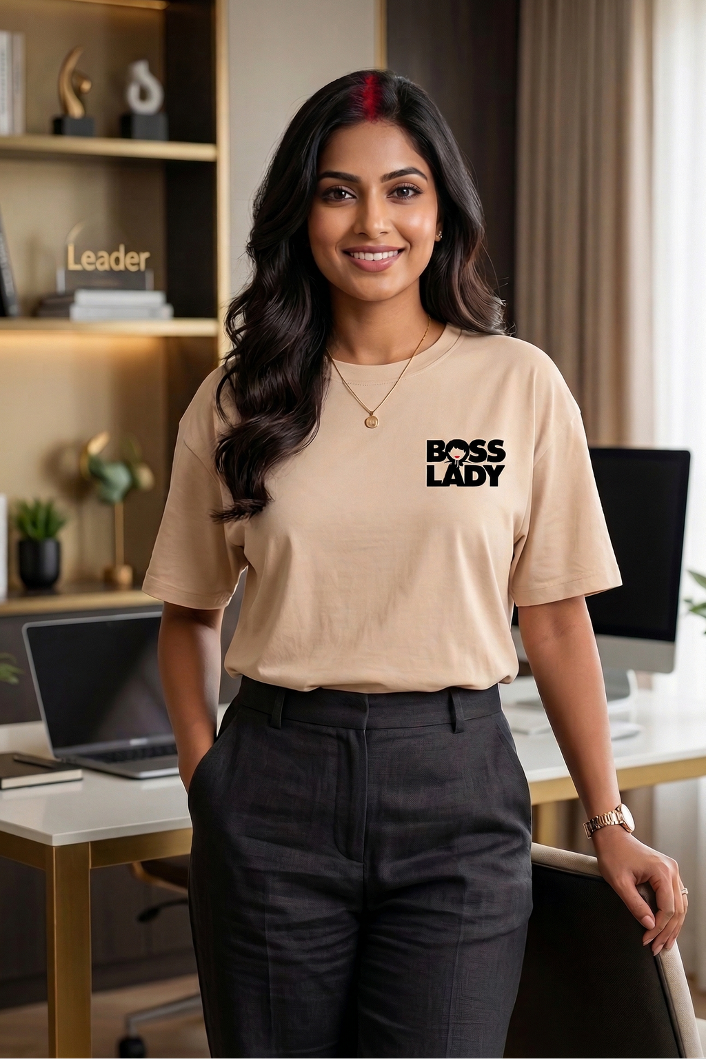Woman wearing a 'BOSS LADY' t-shirt in an office setting