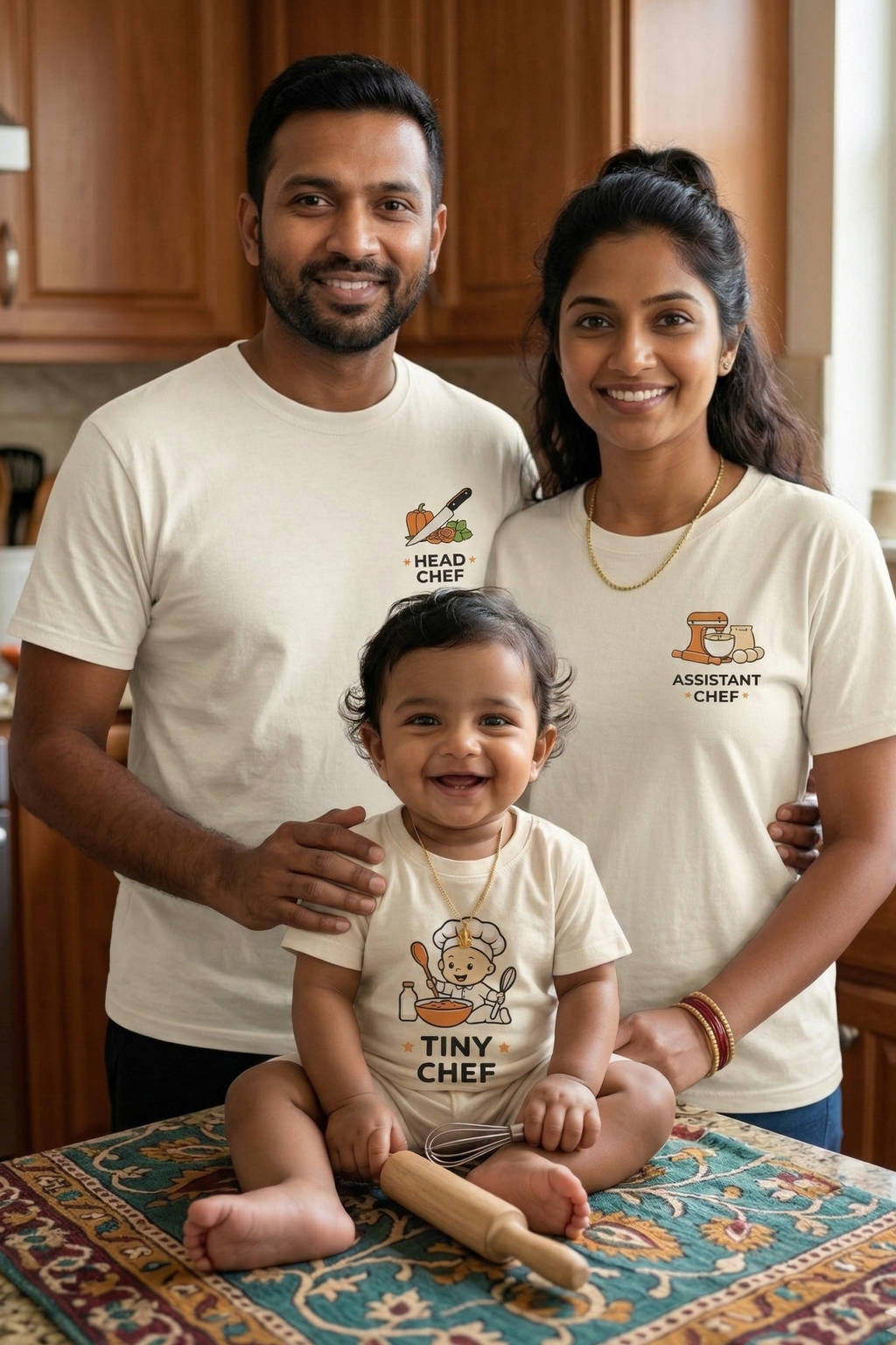 Family of three wearing chef-themed shirts in a kitchen