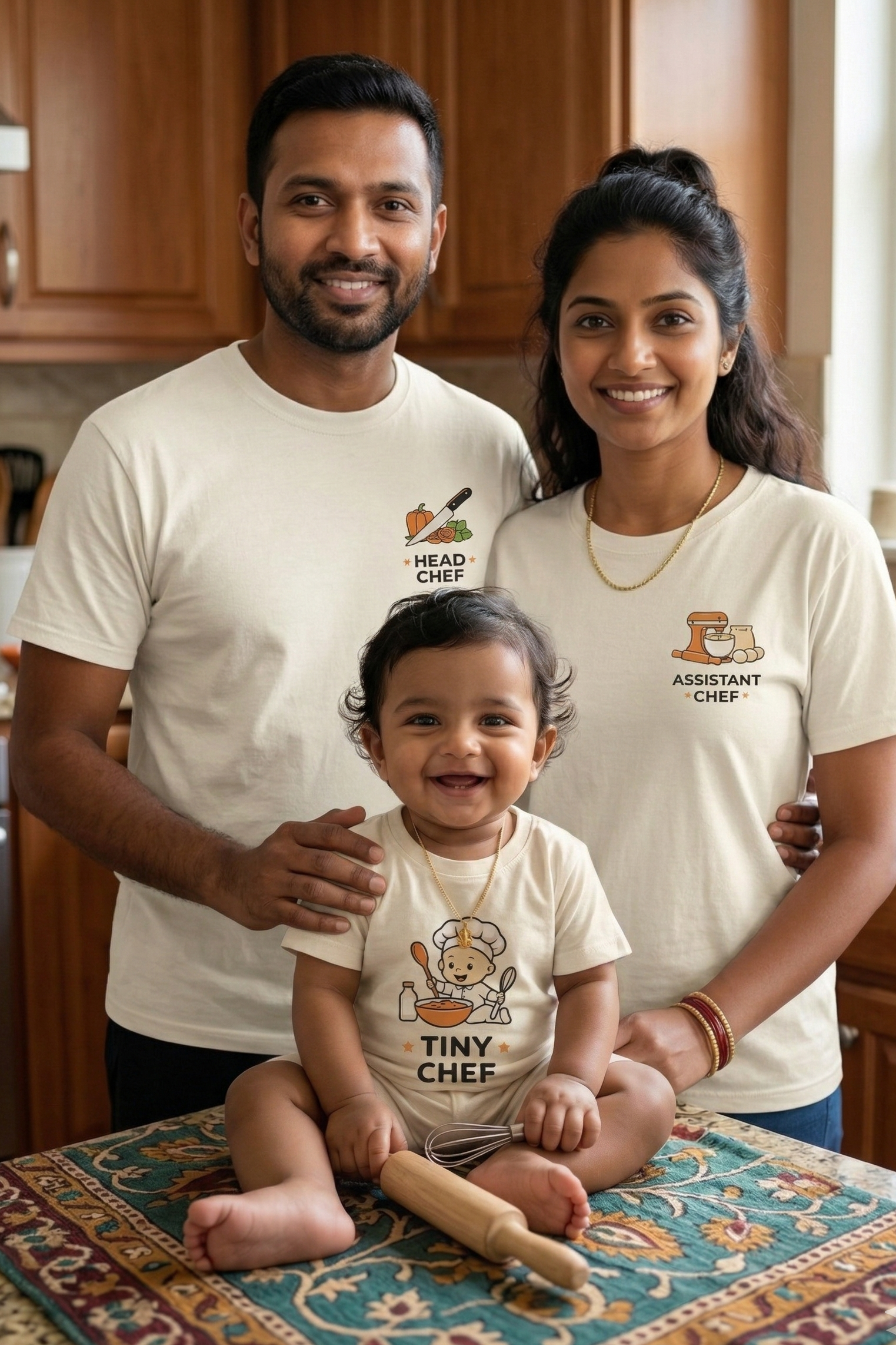 Family of three wearing chef-themed shirts in a kitchen