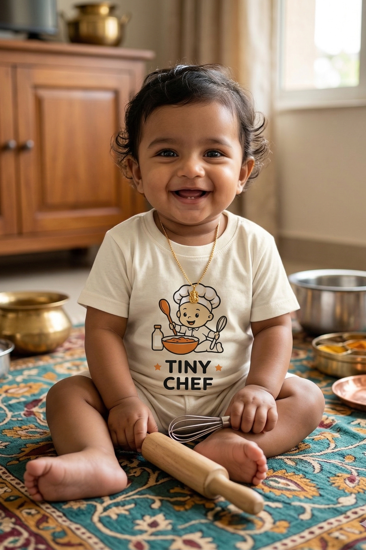 Child wearing a 'Tiny Chef' shirt sitting on a colorful rug in a kitchen.