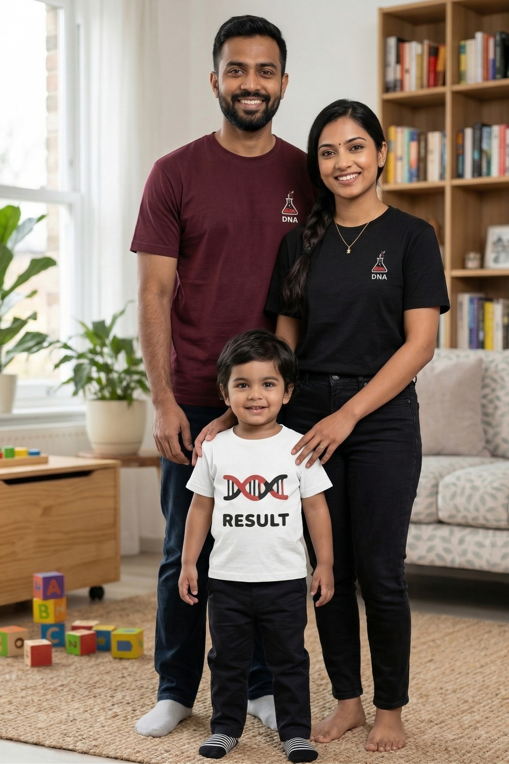 Family of three in a living room with a child wearing a matching shirt with text.