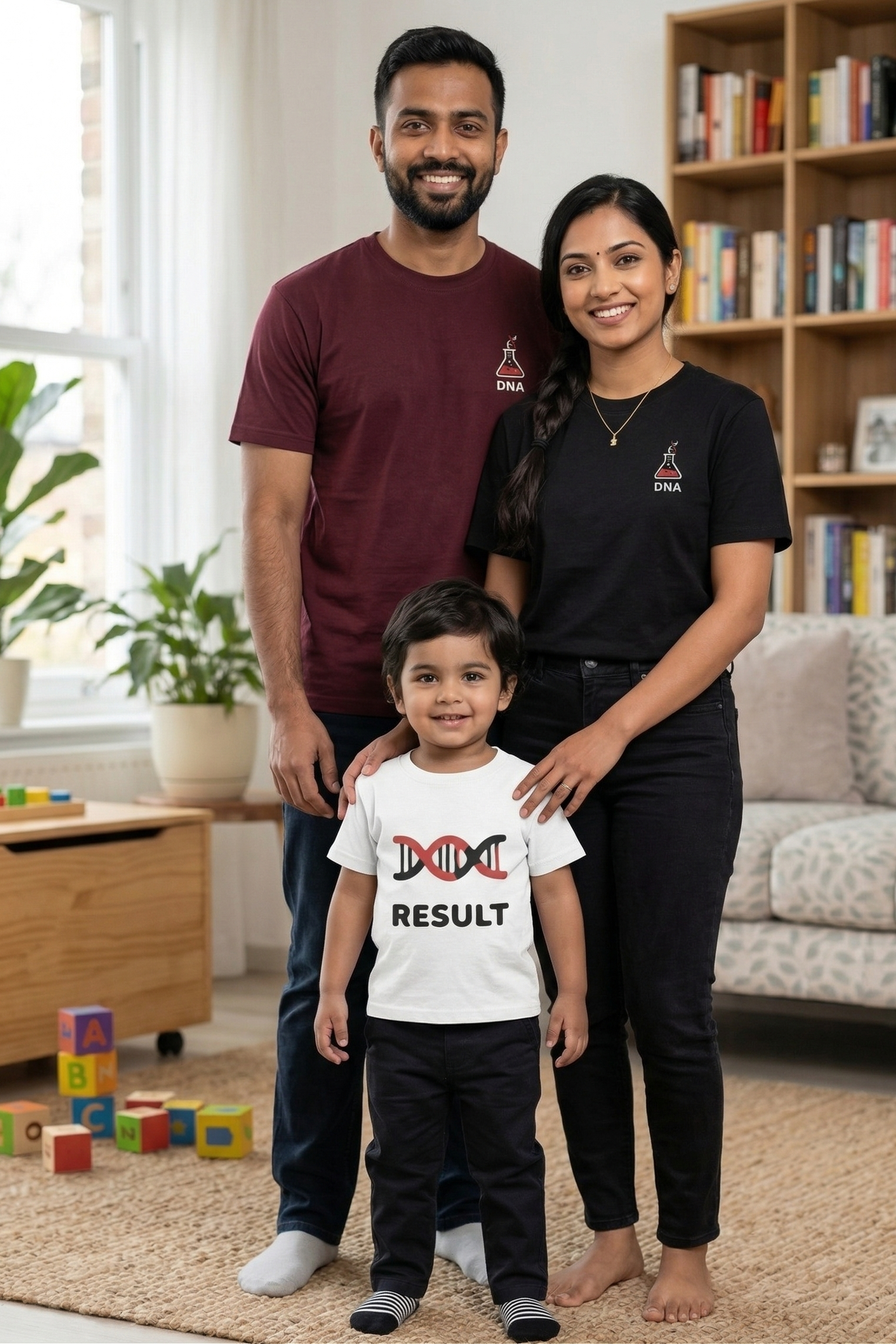 Family of three in a living room with a child wearing a matching shirt with text.