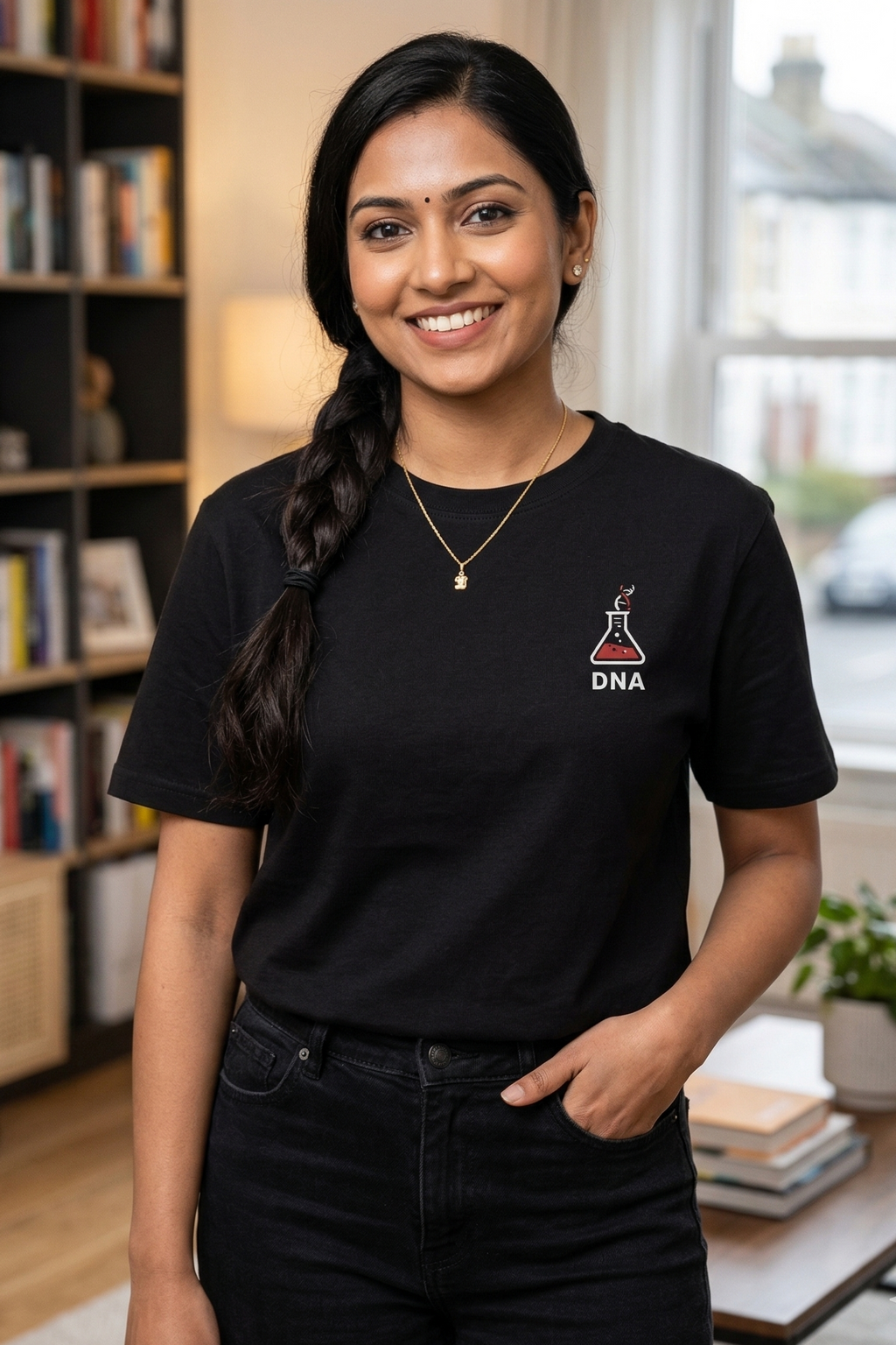 Woman wearing a black t-shirt with a DNA logo in a room with bookshelves and a window.