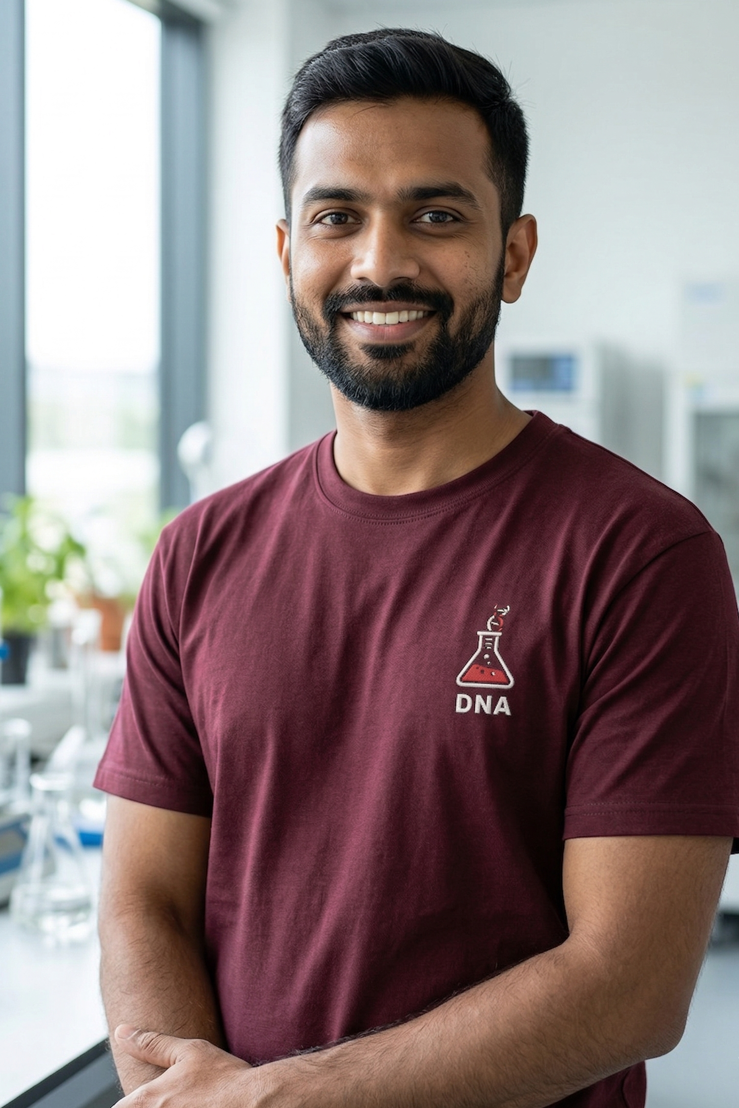 Man wearing a maroon t-shirt with a DNA logo in a laboratory setting