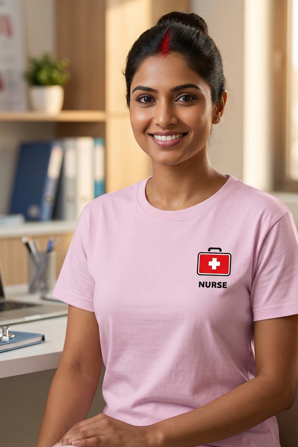 Woman wearing a pink 'Nurse' t-shirt with a medical symbol in a medical office setting.