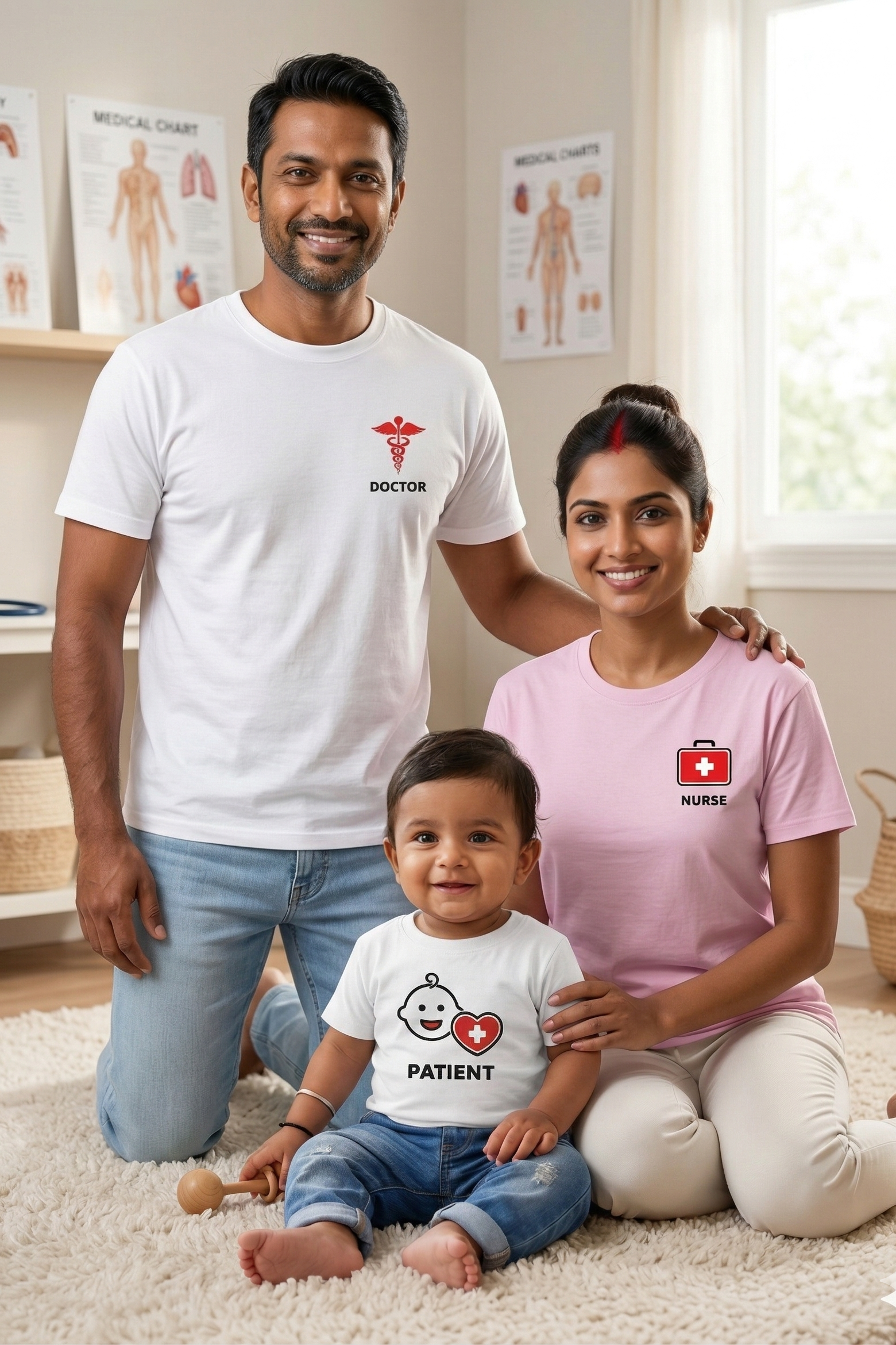 Family of three wearing shirts with medical professions printed on them in a room.