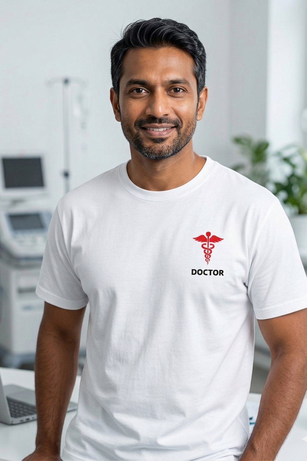 Man wearing a white t-shirt with a 'Doctor' logo in a medical setting