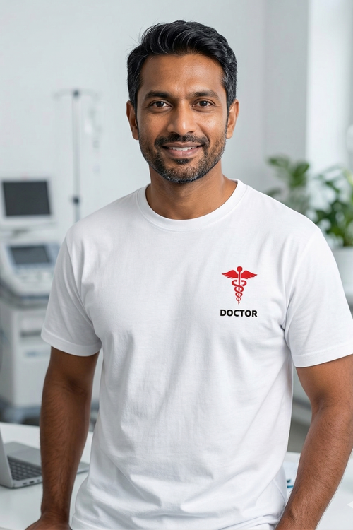 Man wearing a white t-shirt with a 'Doctor' logo in a medical setting