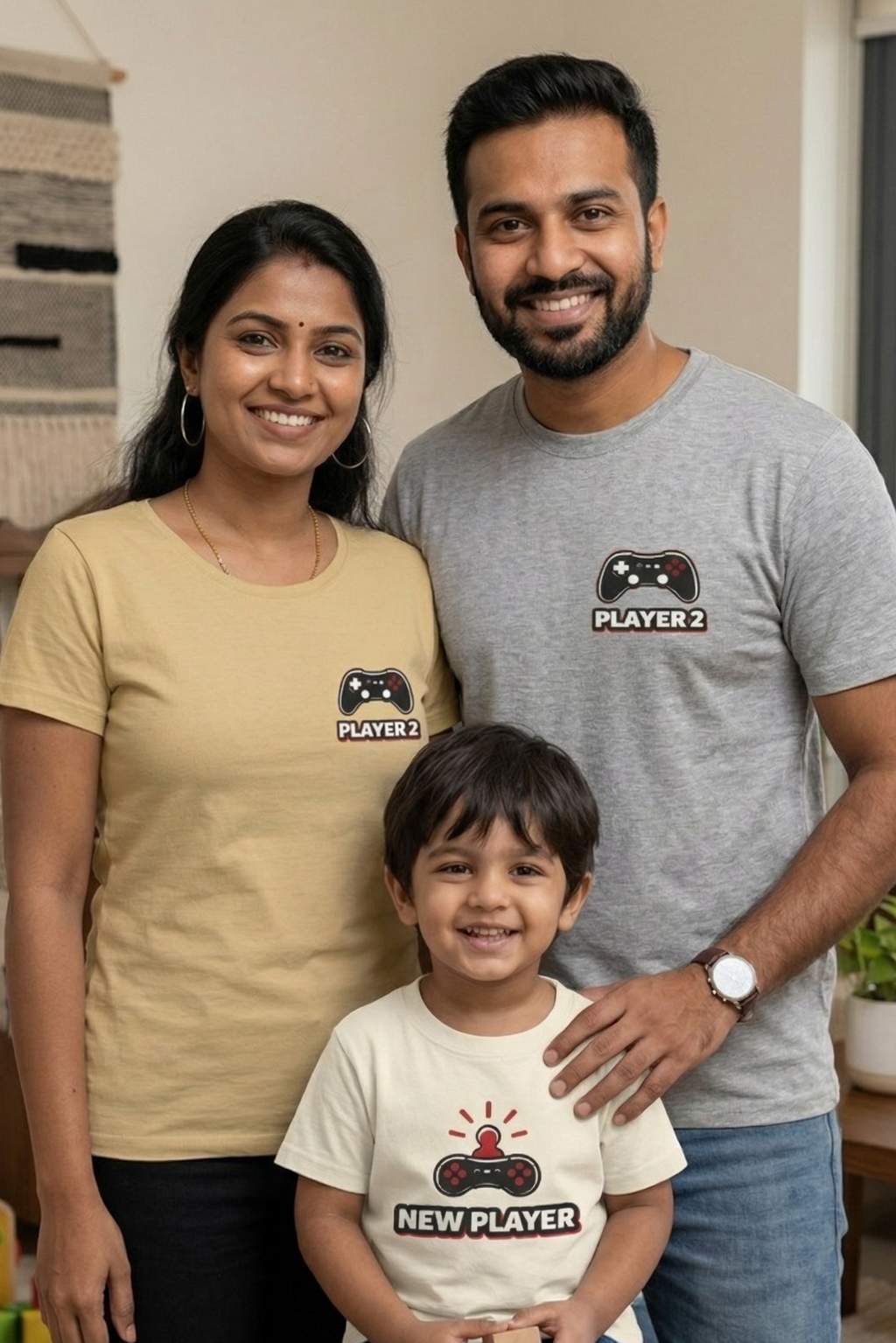 Family of three wearing t-shirts with 'Player 1', 'Player 2', and 'New Player' designs indoors.