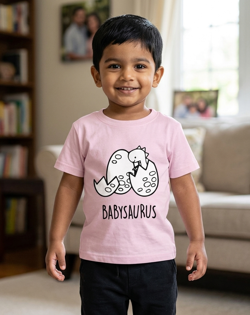 baby wearing babysaurus printed tshirt