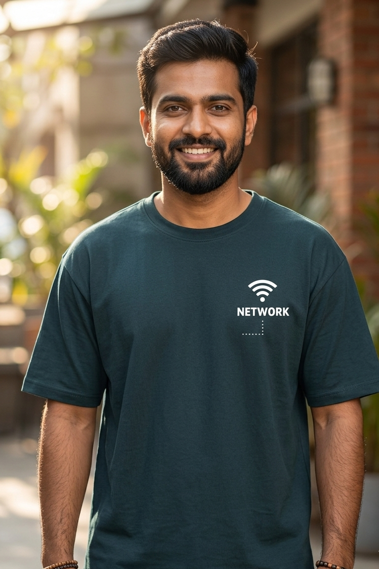 Man wearing a dark green t-shirt with a network logo outdoors