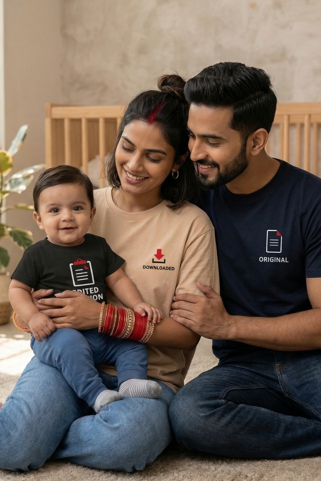 Family of three sitting together in a room with a crib in the background wearing matching t-shirts.