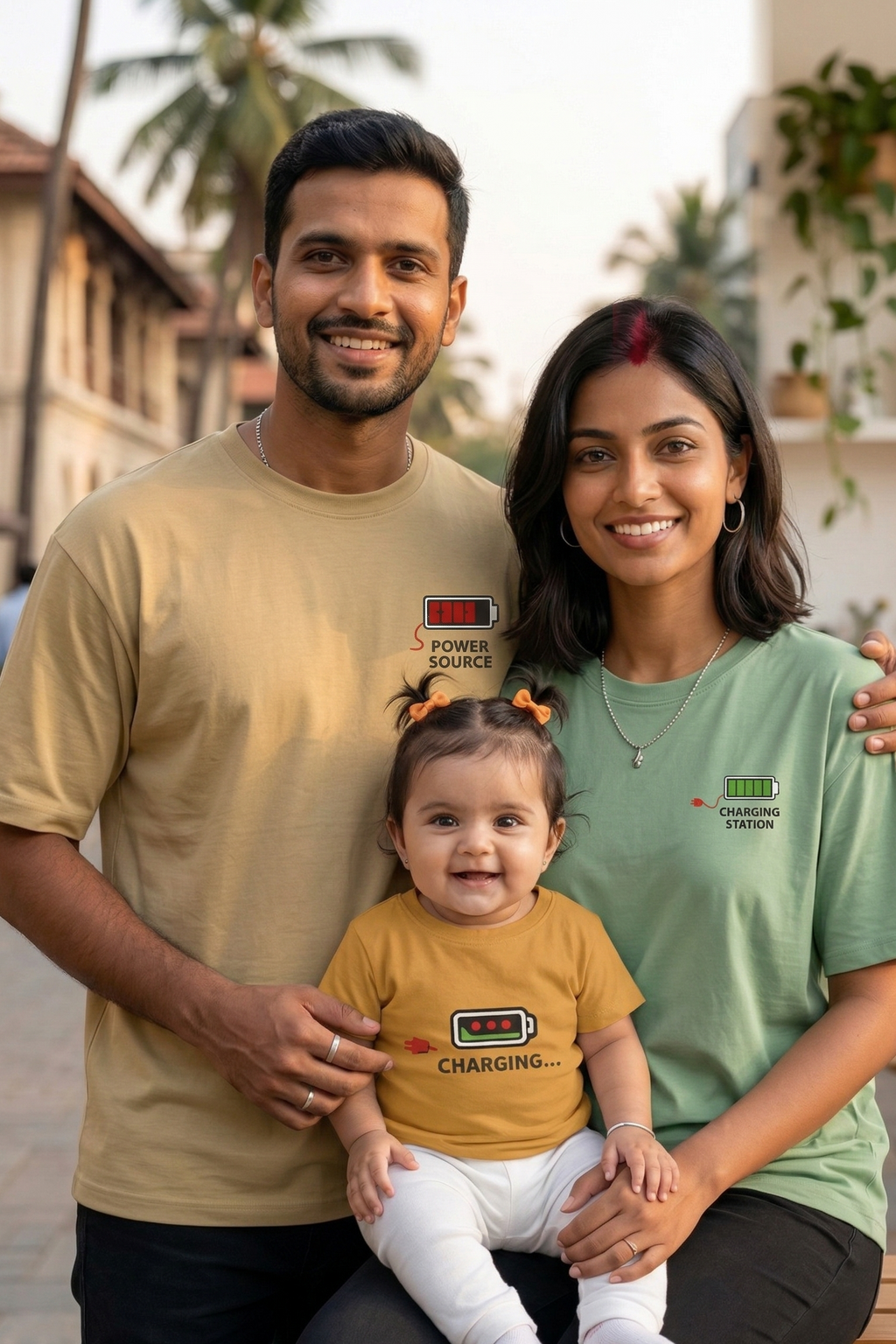 Family of three wearing matching t-shirts with battery graphic and text in an outdoor setting.