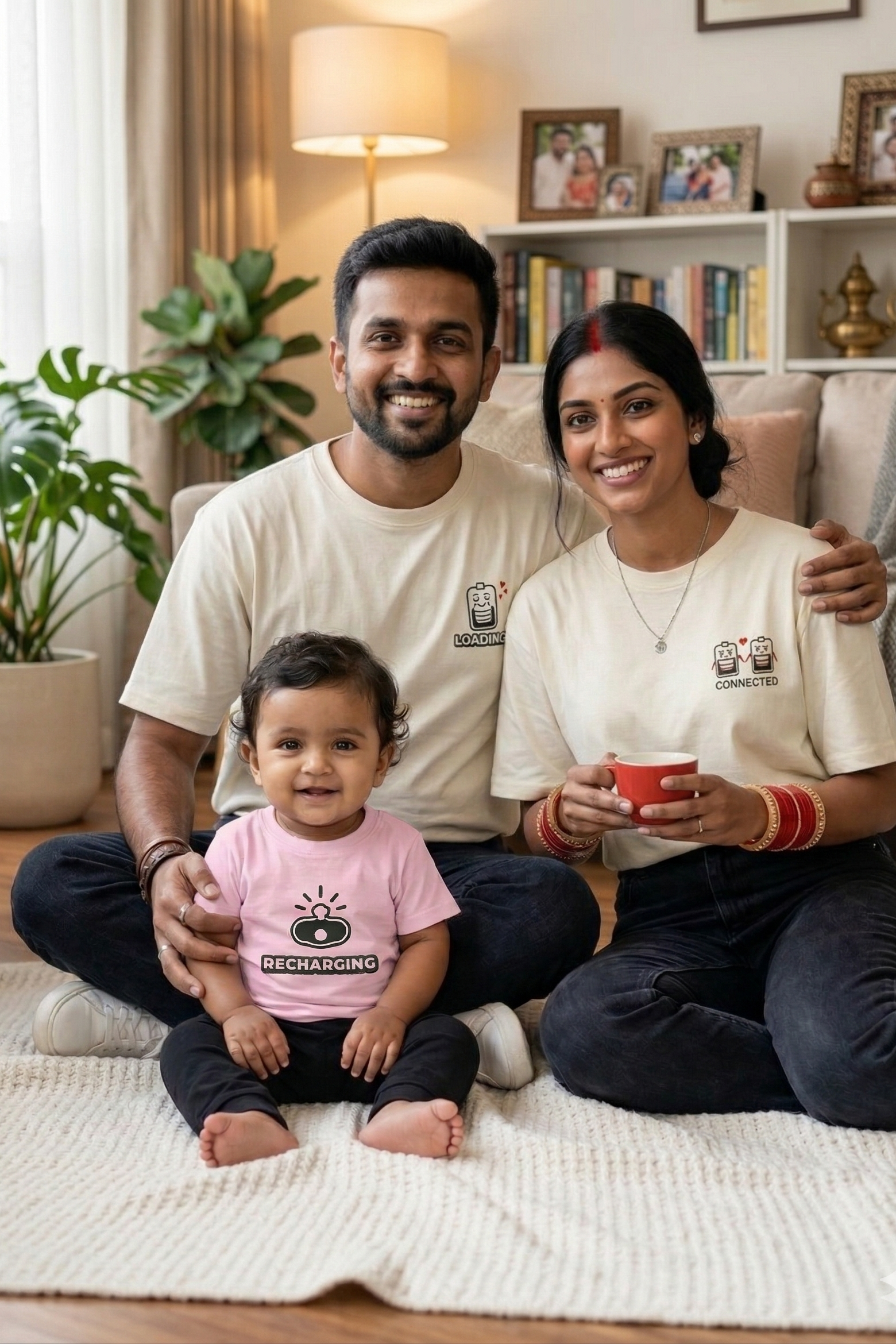 Family of three sitting on a rug in a living room