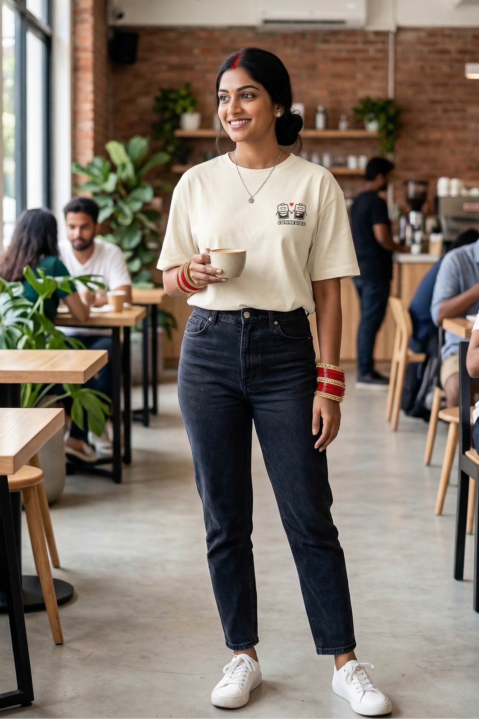 Woman holding a cup in a casual setting with people and plants