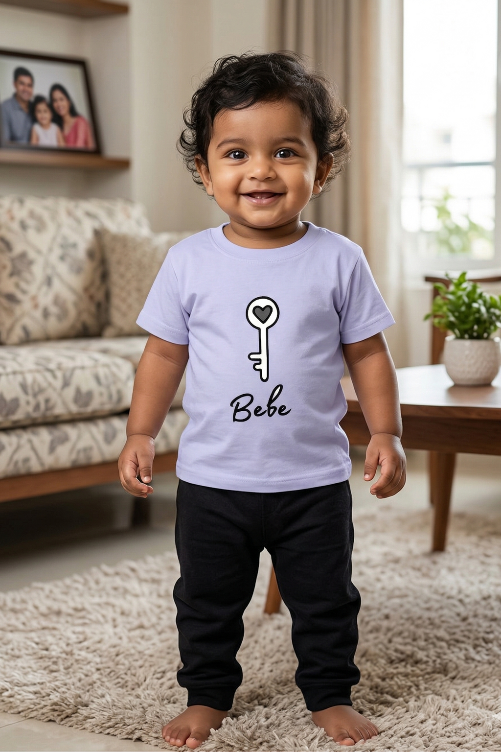 Child wearing a light purple shirt with a key design and 'Bebé' text in a living room.