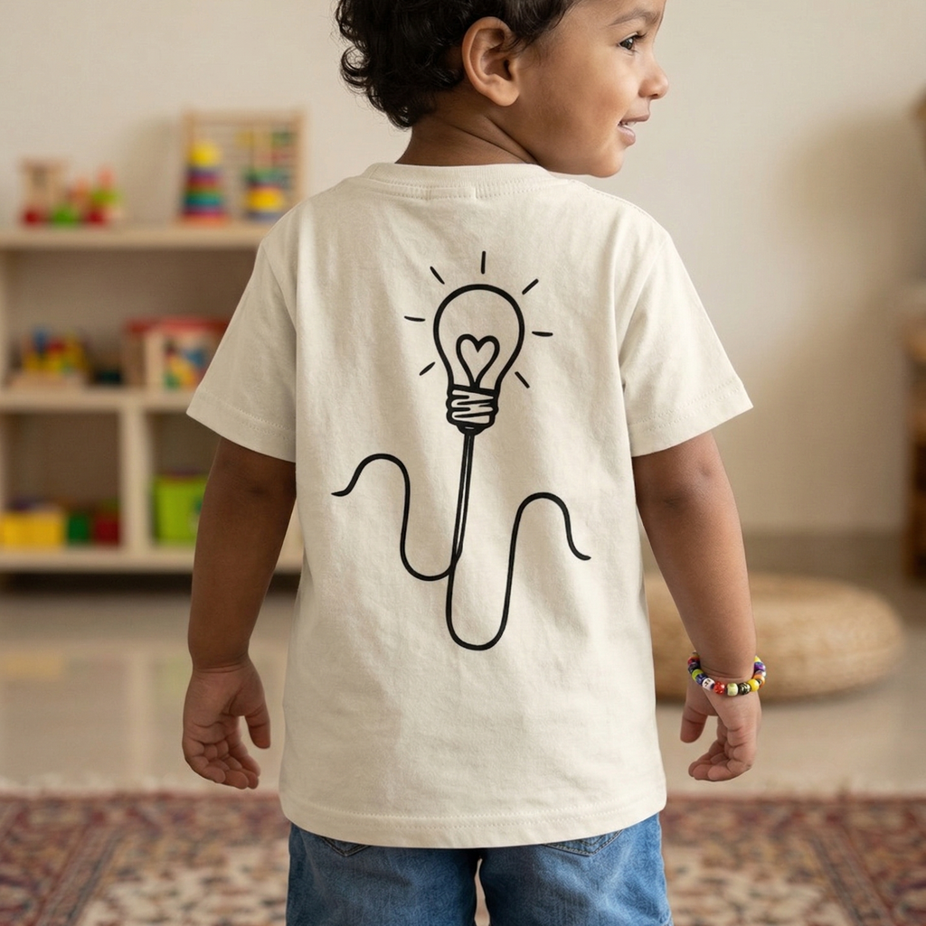 Child wearing a white t-shirt with a light bulb design in a room with toys on a shelf.