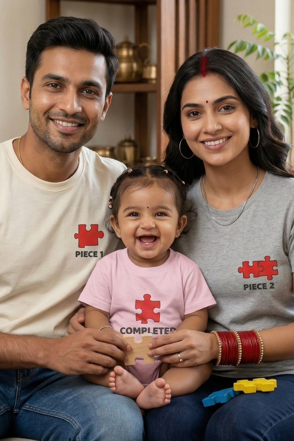 Family of three wearing shirts with a red puzzle piece design, sitting together indoors.