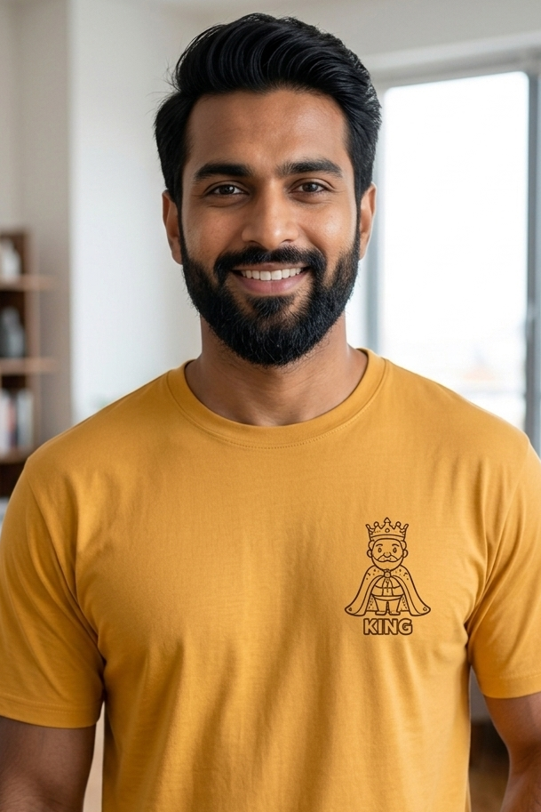 Man wearing a mustard yellow t-shirt with a logo indoors