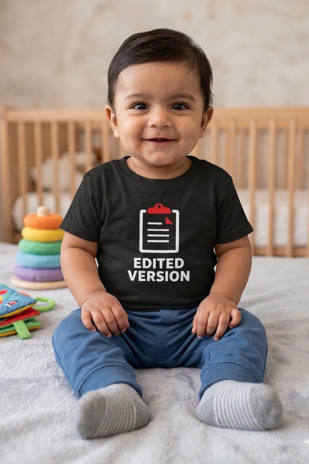 Baby wearing a black t-shirt with family matching text sitting on a bed with colorful toys.