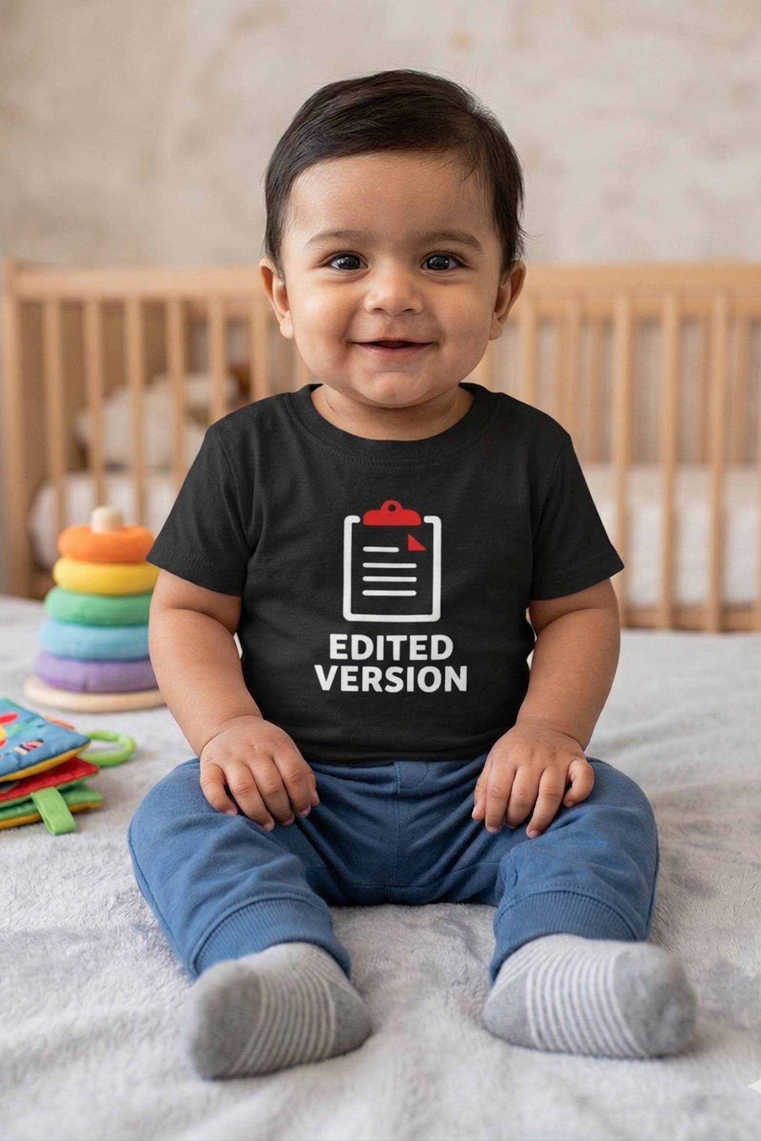 Baby wearing a black t-shirt with family matching text sitting on a bed with colorful toys.