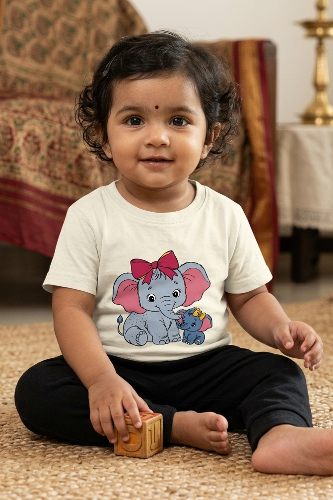 Child wearing a t-shirt with a cartoon elephant design, sitting on a carpeted floor.
