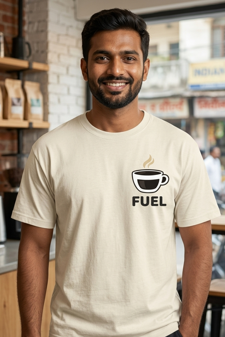 Man wearing a beige t-shirt with a coffee cup design and 'FUEL' text in a coffee shop setting.