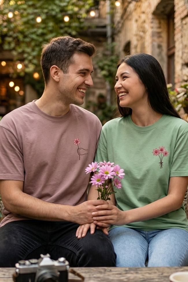 couple wearing theme based matching tshirt