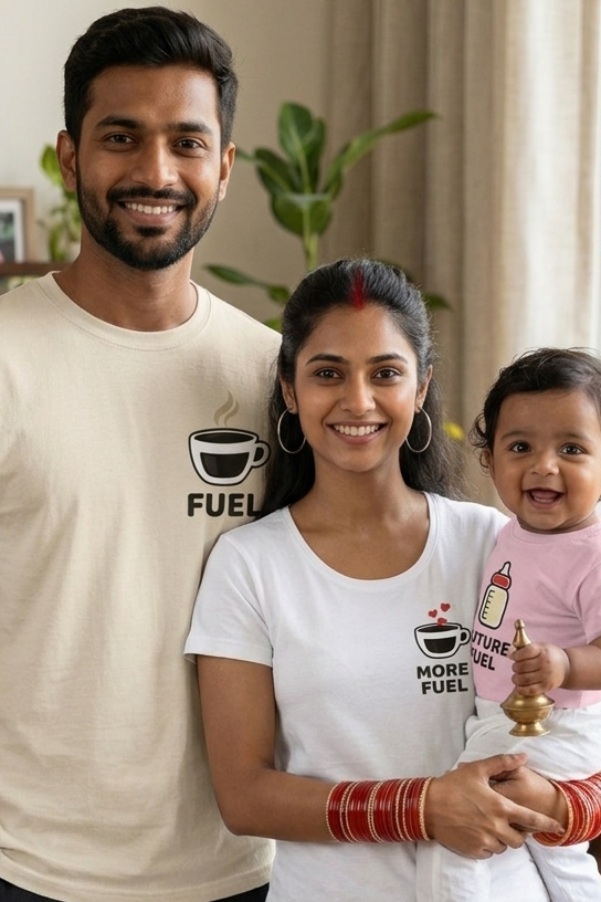 Family of three wearing matching t-shirts in a home setting