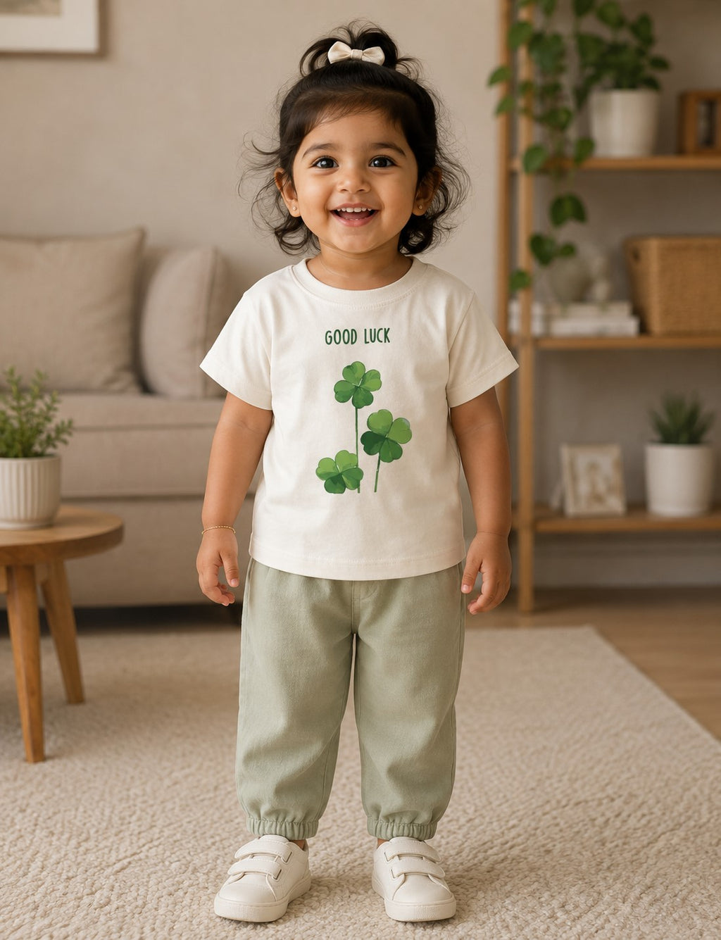 A toddler girl stands in a cozy living room wearing a white short-sleeve family matchinf T-shirt  with a green shamrock and the words 'GOOD LUCK' printed on the front, paired with sage green jogger pants and white sneakers.