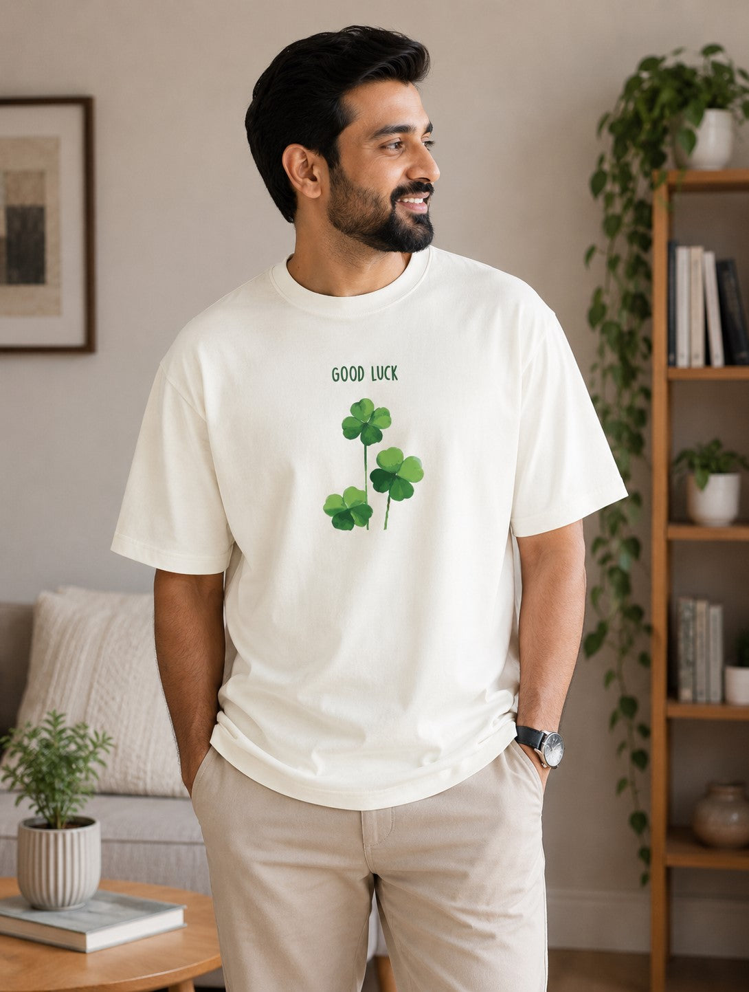 A man wearing a cream-colored t-shirt with a green shamrock graphic and the text 'GOOD LUCK' printed on the chest, paired with beige trousers, standing in a cozy, modern living room setting.