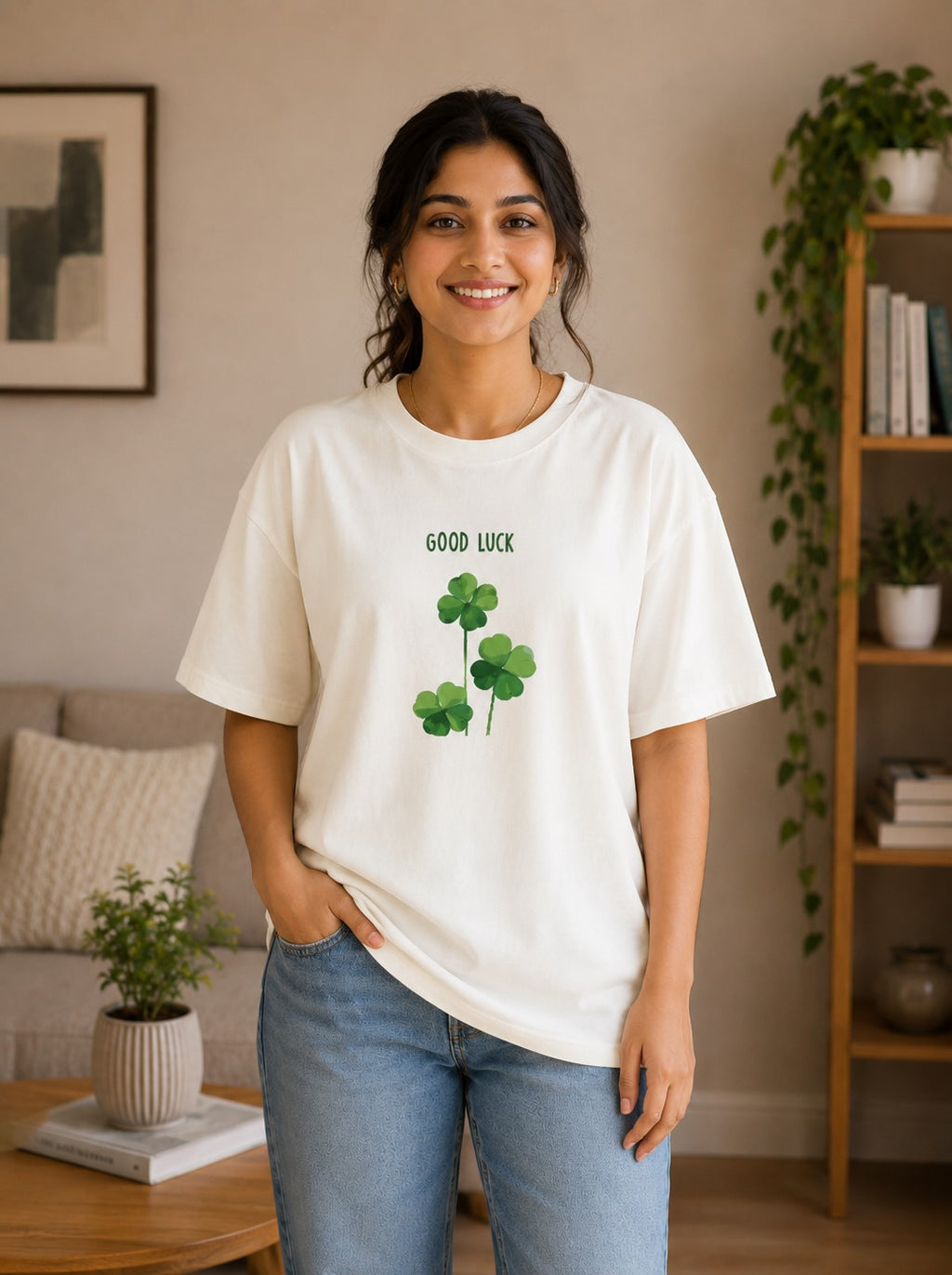 A woman wearing a white graphic t-shirt with a green shamrock and 'GOOD LUCK' print, paired with light blue jeans, standing in a cozy, modern living room.