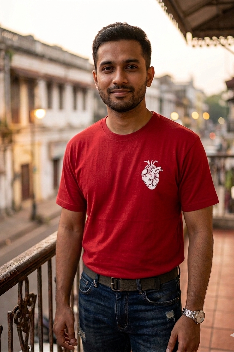 Man wearing a red t-shirt with a white heart design, standing on a street.