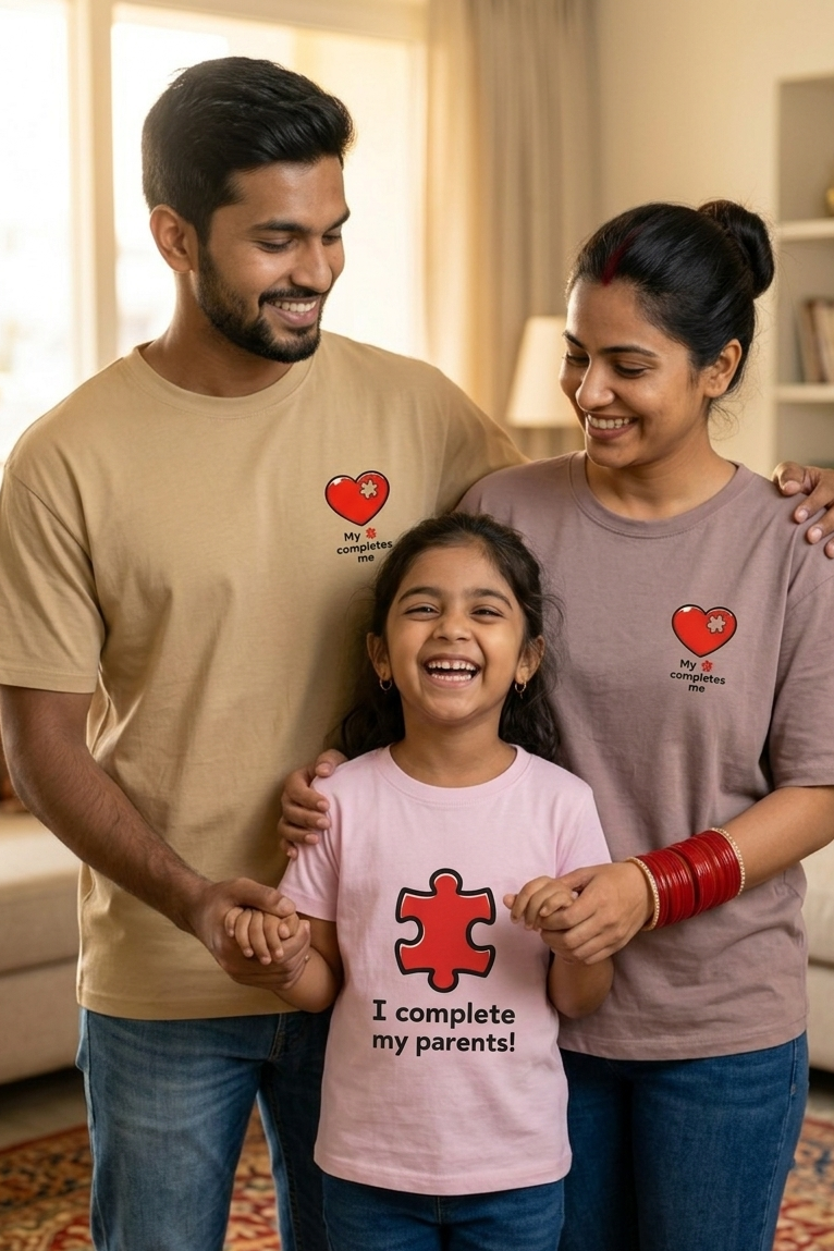 Family of three wearing matching t-shirts with a heart and puzzle piece design in a living room.