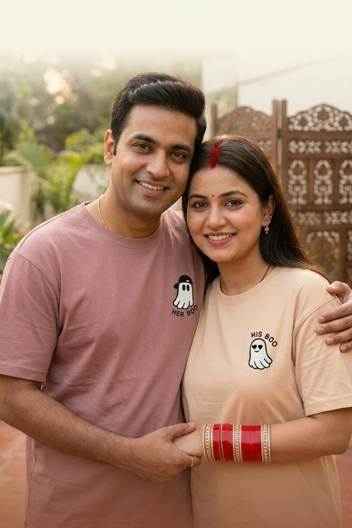 Two people posing together outdoors with a decorative wall in the background