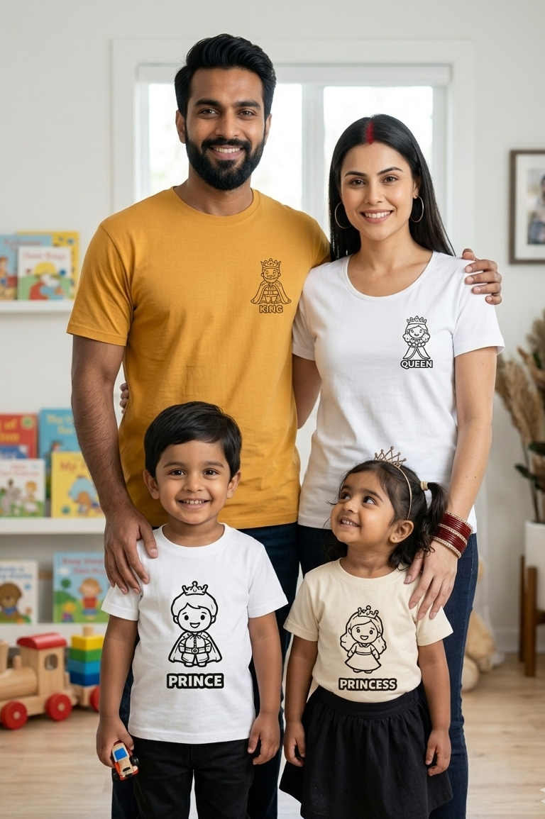Family of four wearing matching t-shirts with cartoon characters and text in a room with books and decor.