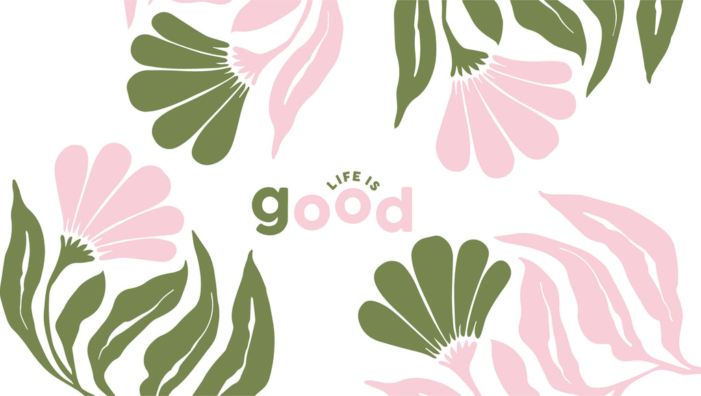 A flat-lay pattern design featuring pink and green stylized flowers on a white background, with the text 'LIFE IS good' in the center.
