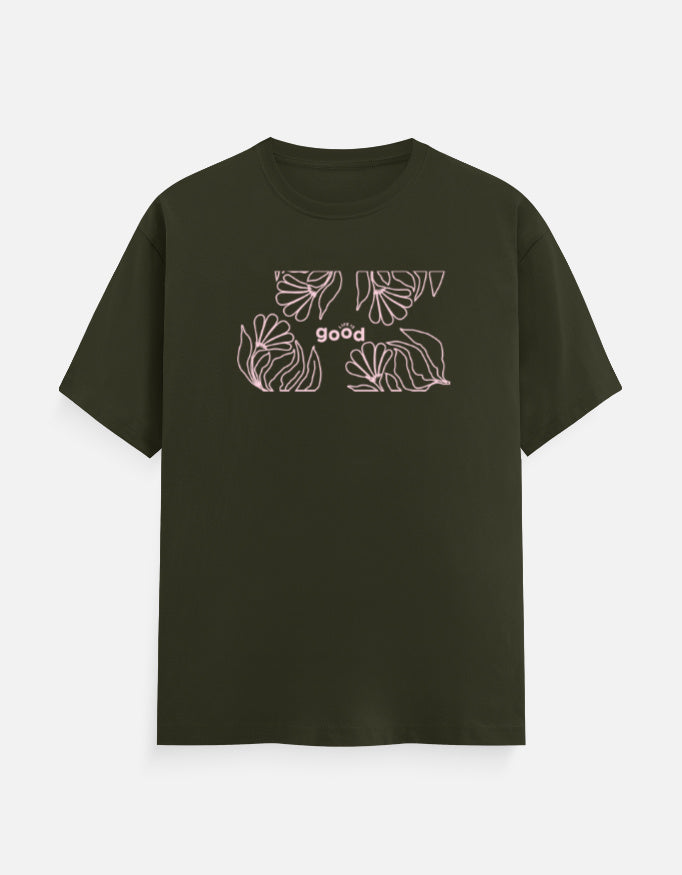 Black t-shirt with yellow and white text on a white background