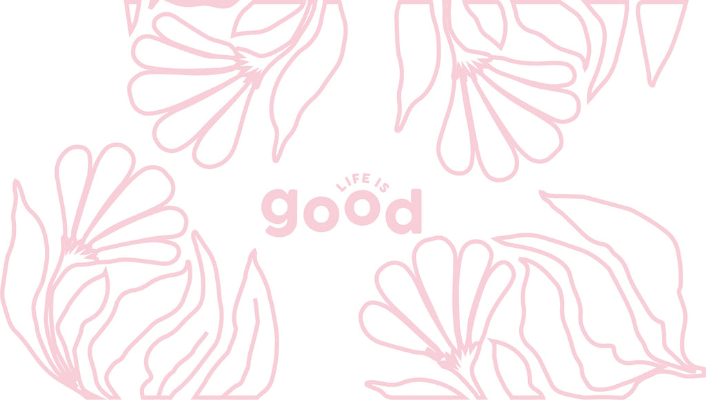 A light pink and white pattern featuring hand-drawn botanical line art and the words 'LIFE IS good' in a soft pink typographic style.