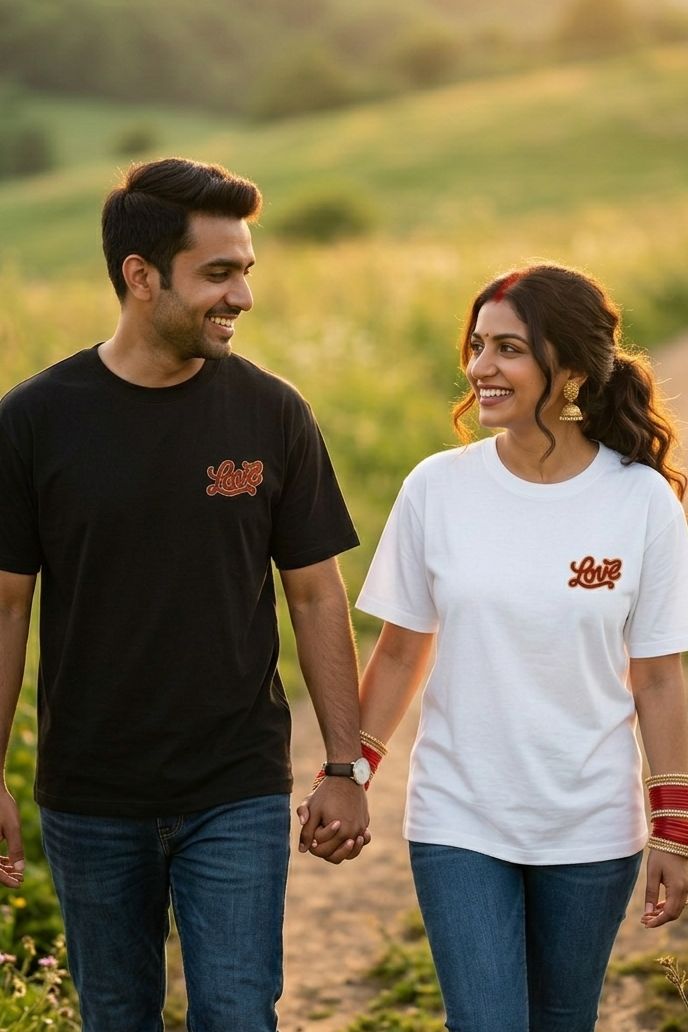 Man and woman holding hands in a field with a scenic background wearing matching t-shirt 