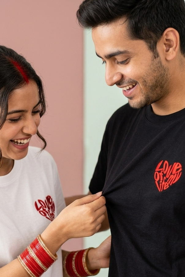 Two people wearing matching t-shirts with  love of my life heart print 
