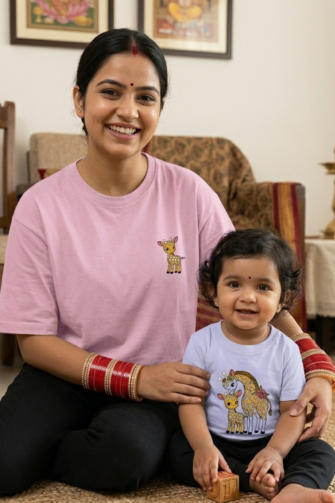 Woman and child sitting together in a room with traditional decor wearing matching graphic tee