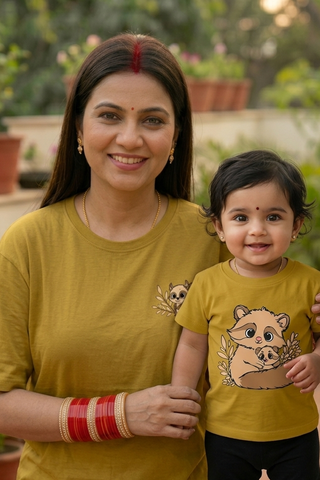 Woman and child wearing matching yellow shirts with animal racoon prints outdoors.