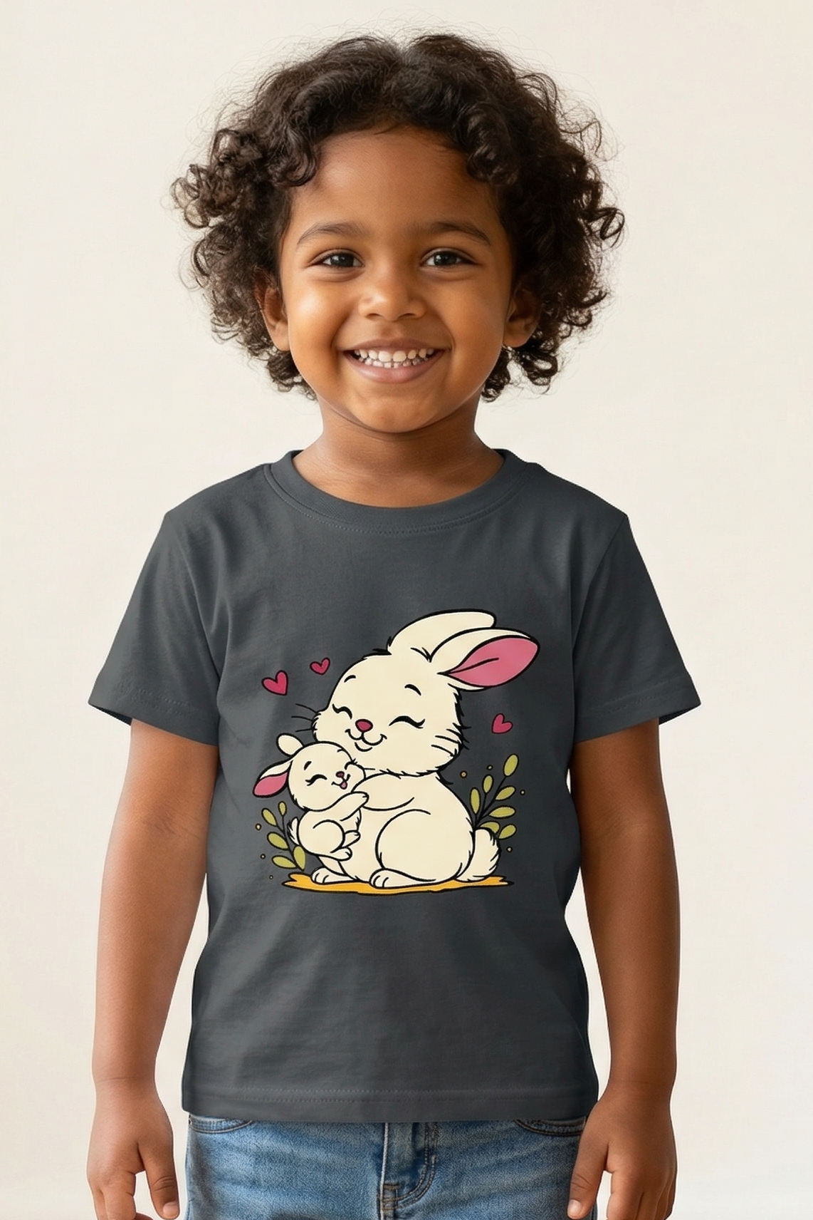 Child wearing a dark gray t-shirt with a bunny design on a plain background