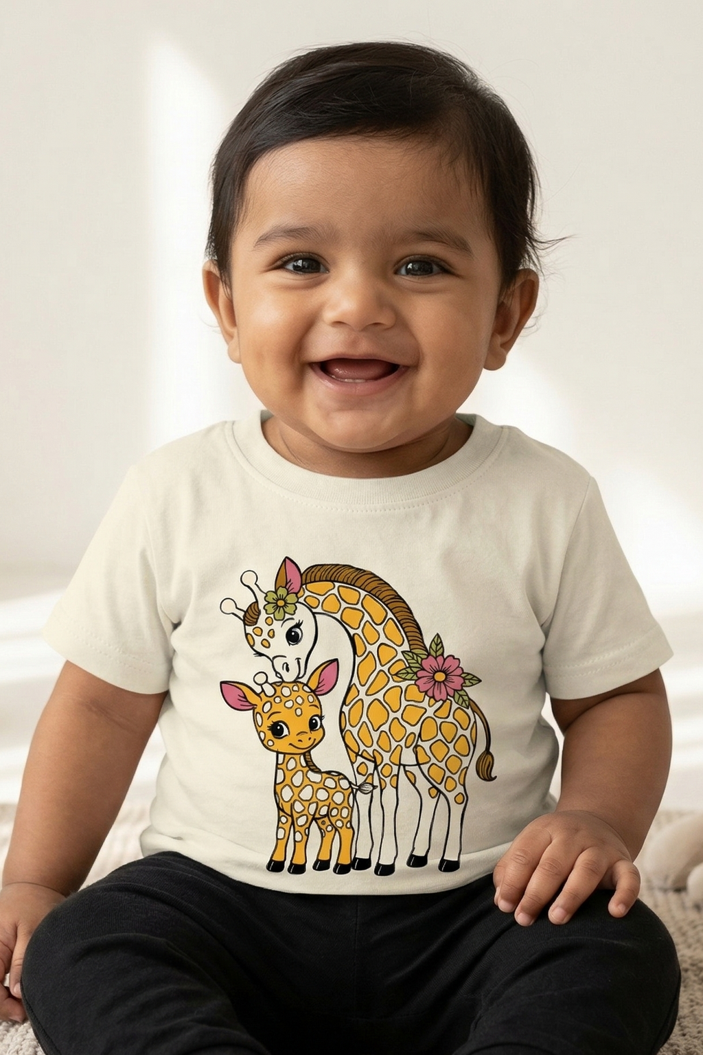 Child wearing a white t-shirt with a giraffe design sitting on a bed.